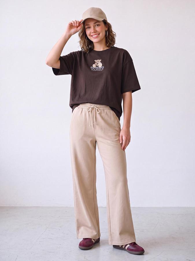 R&B Women Coffee Teddy Bear Graphic Print Pure Cotton Round Neck Short Sleeves T-Shirt
