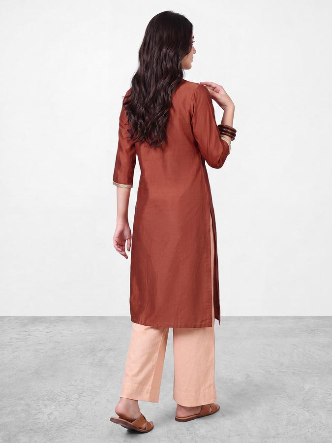 R&B Womens Rust Three-Quarter Sleeves Round Neck Floral Embroidery Straight Kurta
