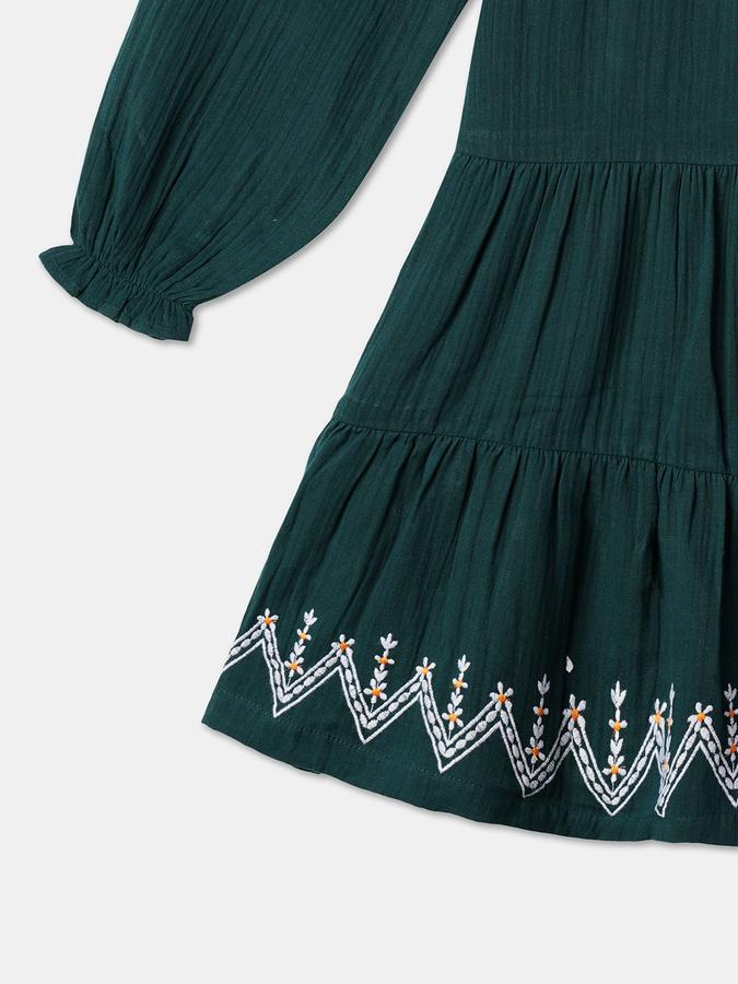 Girls Cotton A-Line Round Neck Embroidered Dress