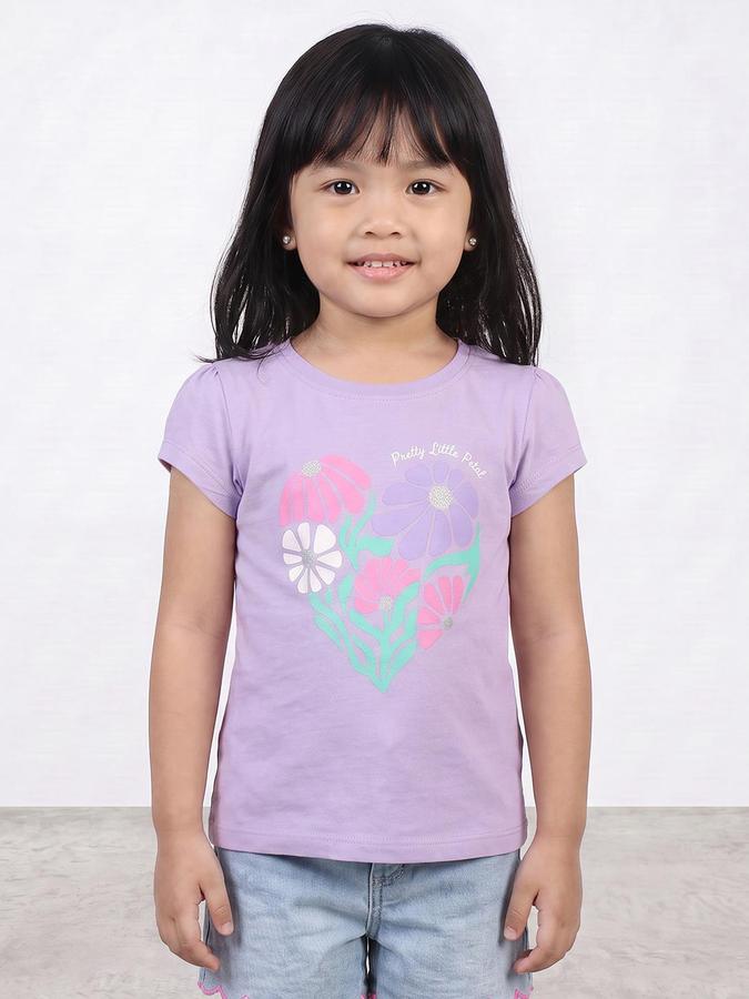 R&B Girls Lilac Graphic Print Short Sleeves Round Neck Pure Cotton T-Shirt