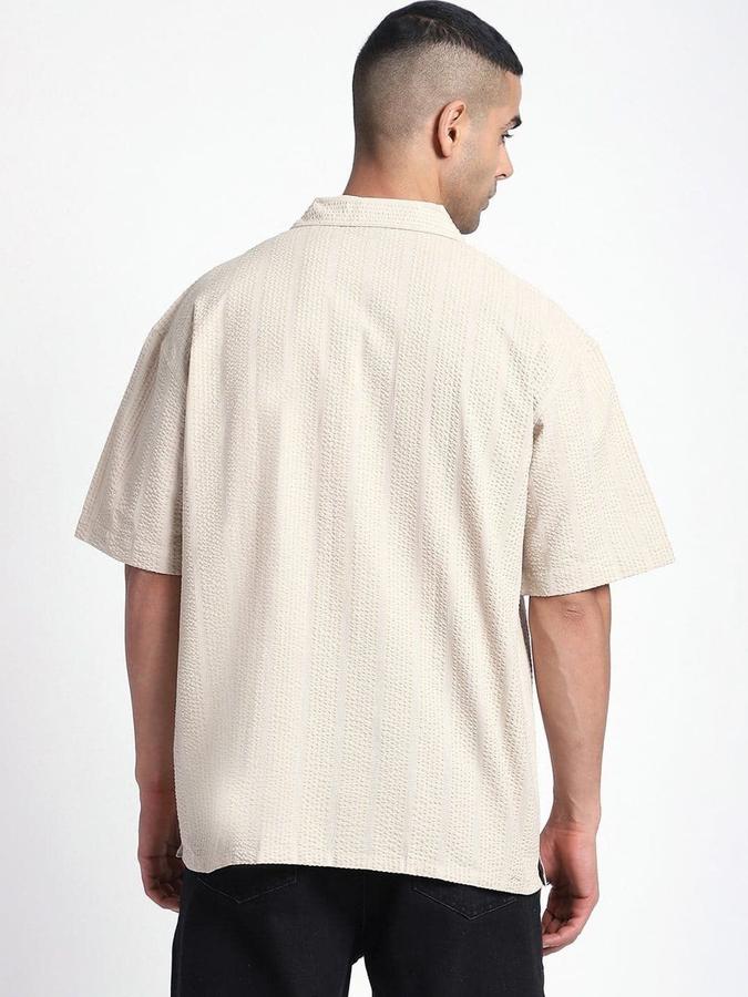 R&B Men Beige Self Design Half Sleeves Cuban Collar Relaxed Fit Shirt
