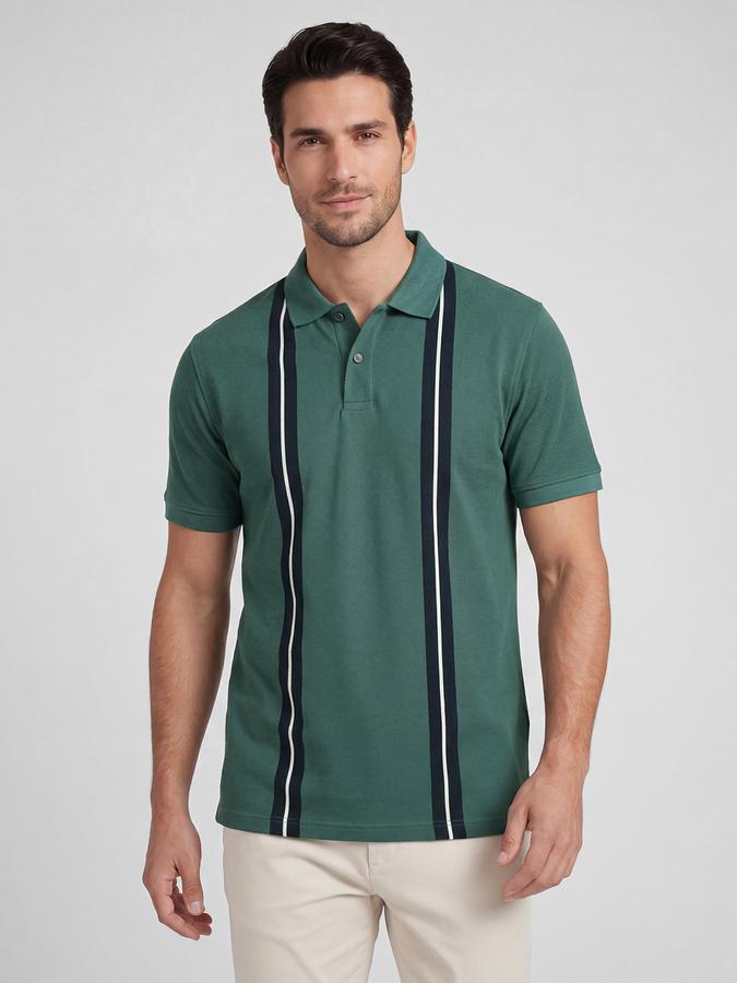 R&B Green Striped Men Polo Collar Regular Fit Short Sleeves T-Shirt 