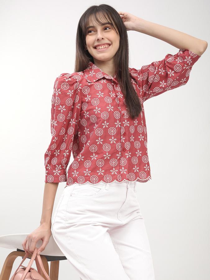Women's mauve schiffli shirt with gathered sleeves and scalloped hem 