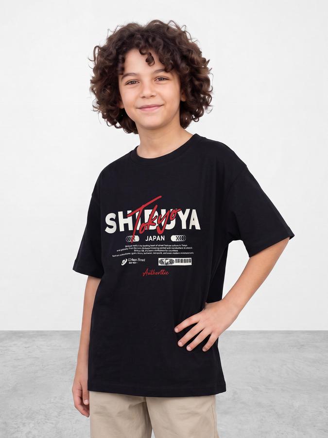 R&B Boys Navy Blue Graphic Print Short Sleeves Round Neck Pure Cotton T-Shirt