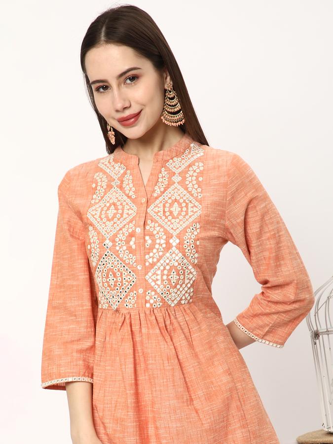 Women Cotton Regular Fit Mandarin Collar Embroidered Kurta