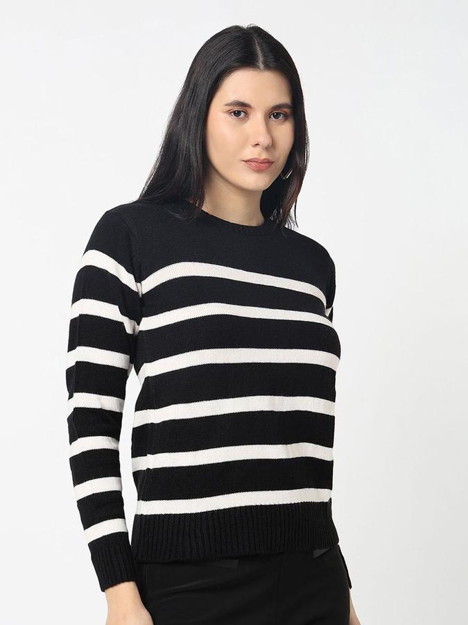 R&B Women Black Turtle Neck Striped Long Sleeves Sweater