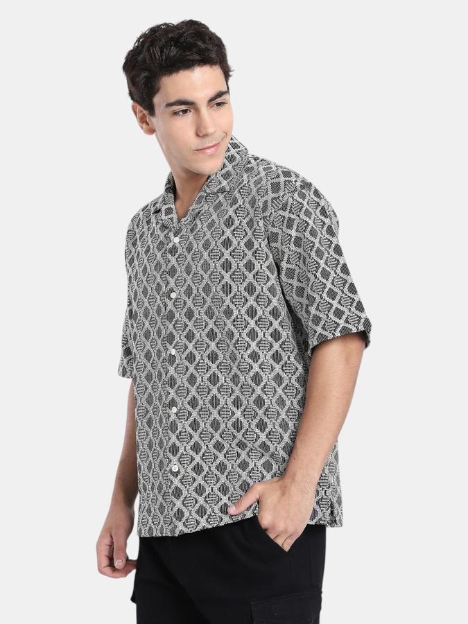 R&B  Black Textured Men Short Sleeves Regular Fit Shirts