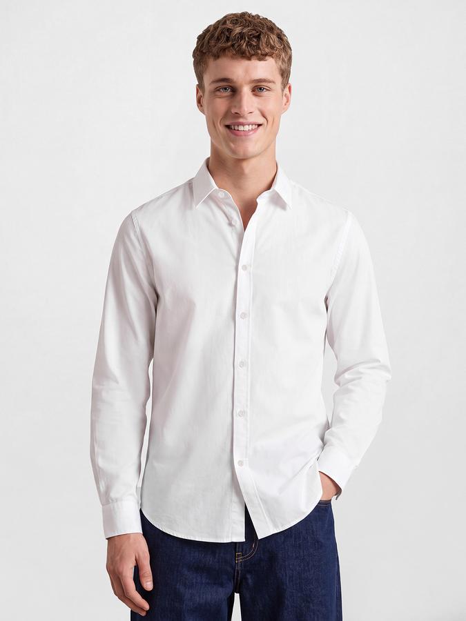 R&B Men's White Long Sleeves Spread Collar Cotton Slub Shirt