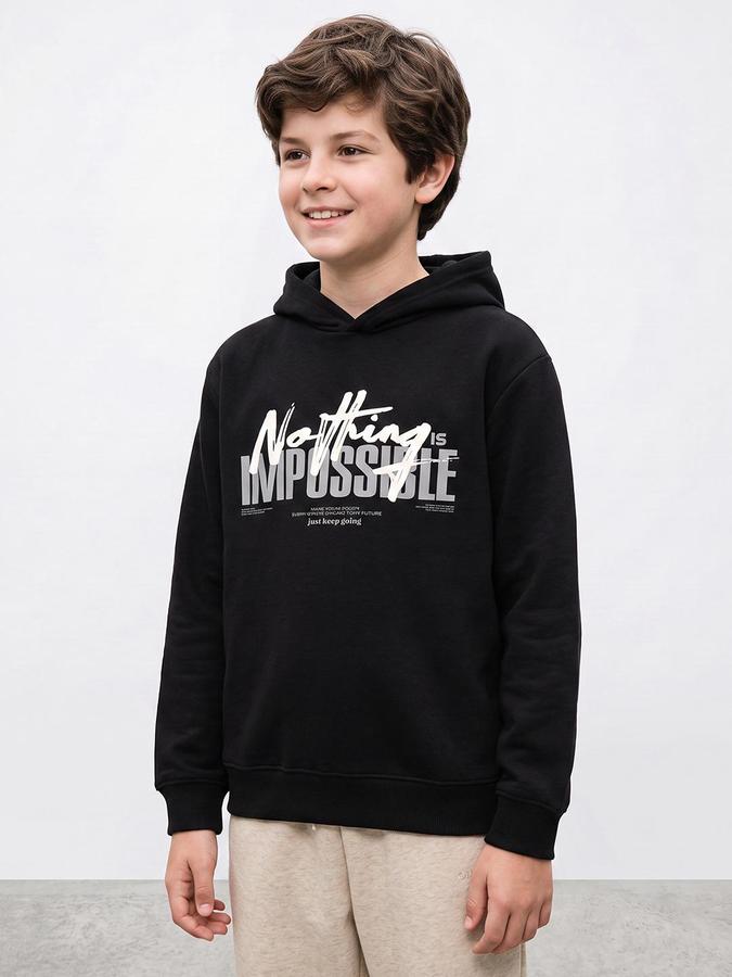 R&B Boys Black Typography Print Hooded Long Sleeves Sweatshirt