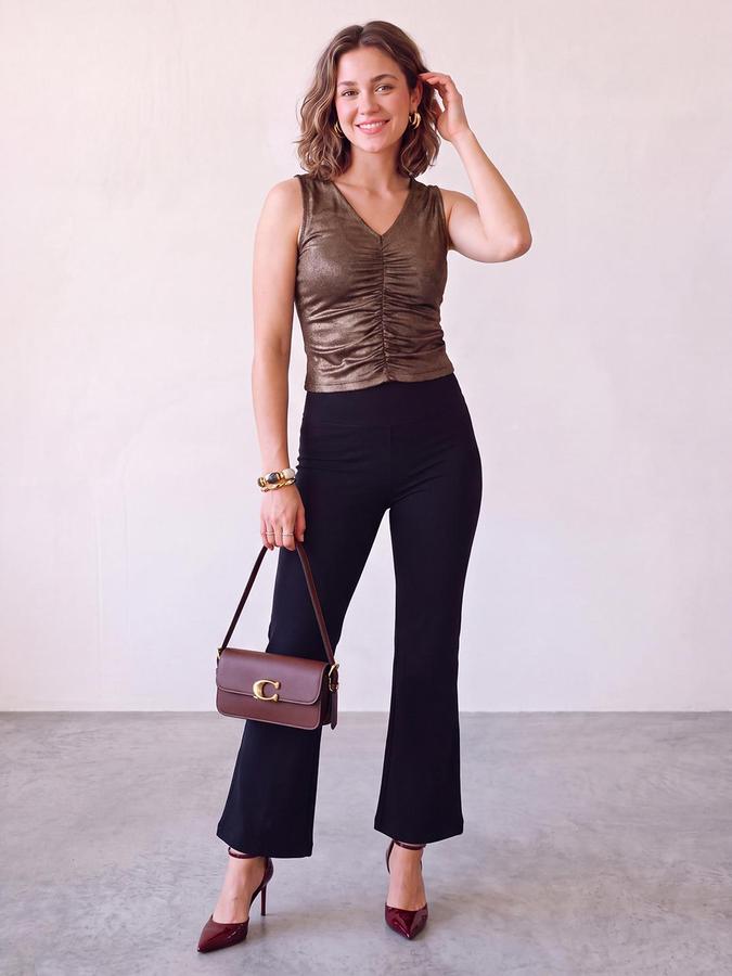 R&B Women Metallic Bronze Self Design V-Neck Sleeveless Ruched Tank Top