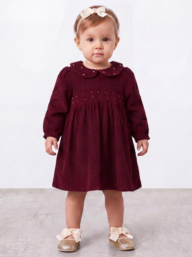 R&B Girls Wine Embellished Peter Pan Collar Bishop Sleeves Empire Waist Dress