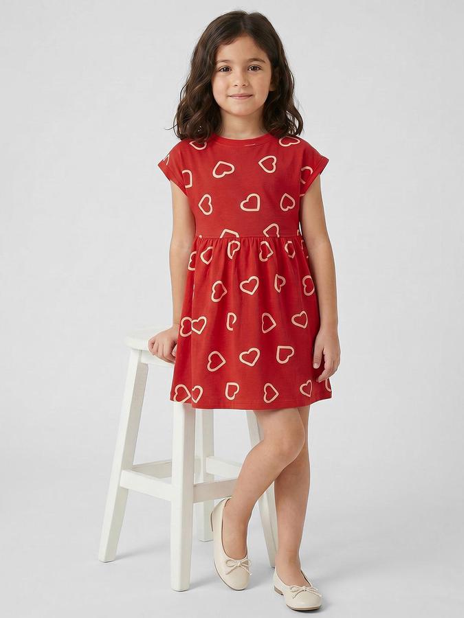 R&B Red Cotton Printed Girls Dresses