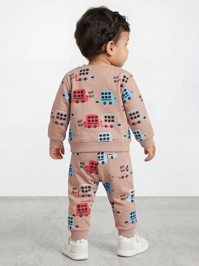 R&B Boys Brown Printed Long Sleeves Round Neck Sweatshirt& Joggers Set 