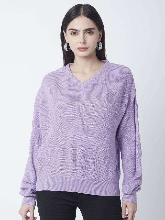 R&B Women Purple V-Neck Solid Long Sleeves Sweater
