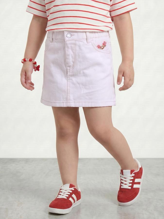 R&B Girls White Embroidered Pocket Mid Waist Mini Denim Skirt
