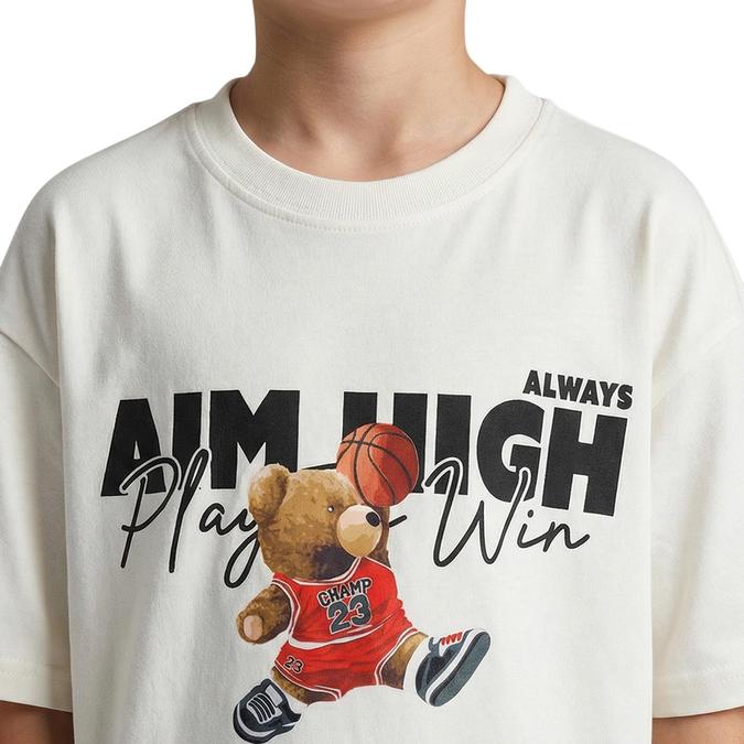 R&B Boy White Cotton Printed Round Neck T-Shirt