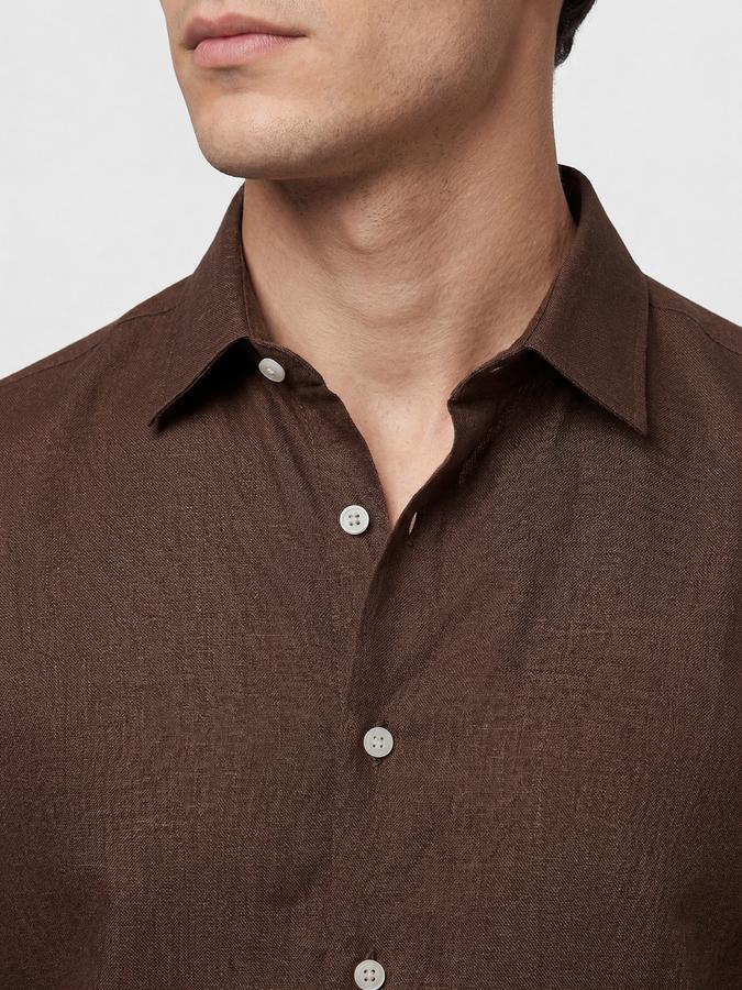 R&B Dark Brown Solid Men Spread Collar Long Sleeves Shirt