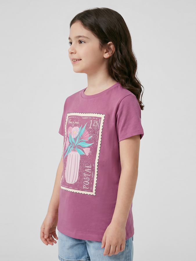 R&B Purple Graphic Print Girls Round Neck Regular Fit Short Sleeves T-Shirt 