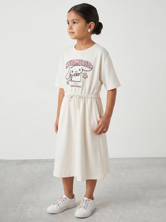 R&B Girl Beige Cinnamoroll Print Pure Cotton Short Sleeves Fit and Flare Dress