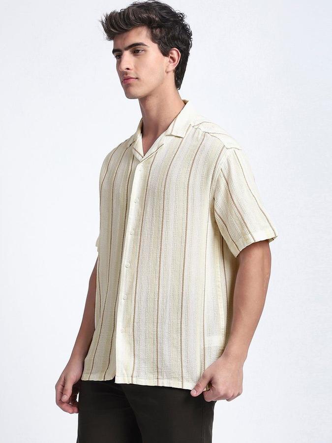 R&B Men Ivory Striped Half Sleeves Cuban Collar Shirt