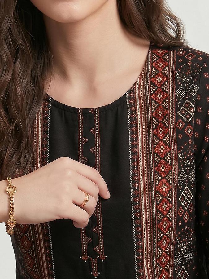 R&B Women Black Printed Round Neck Three-Quarter Sleeves Calf Length Straight Kurta 