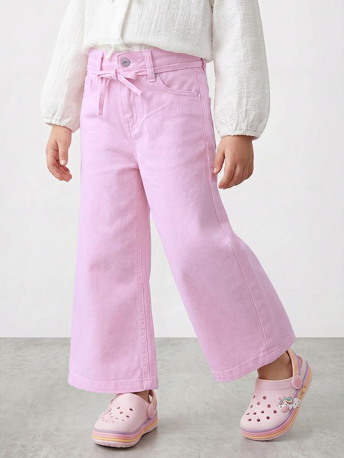 R&B Girls Pink Wide Leg Solid Mid-Rise Cotton Trouser