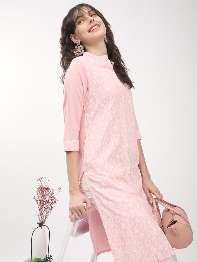 Women's regular fit casual  pink chikankari printed front button down  straight kurta 
