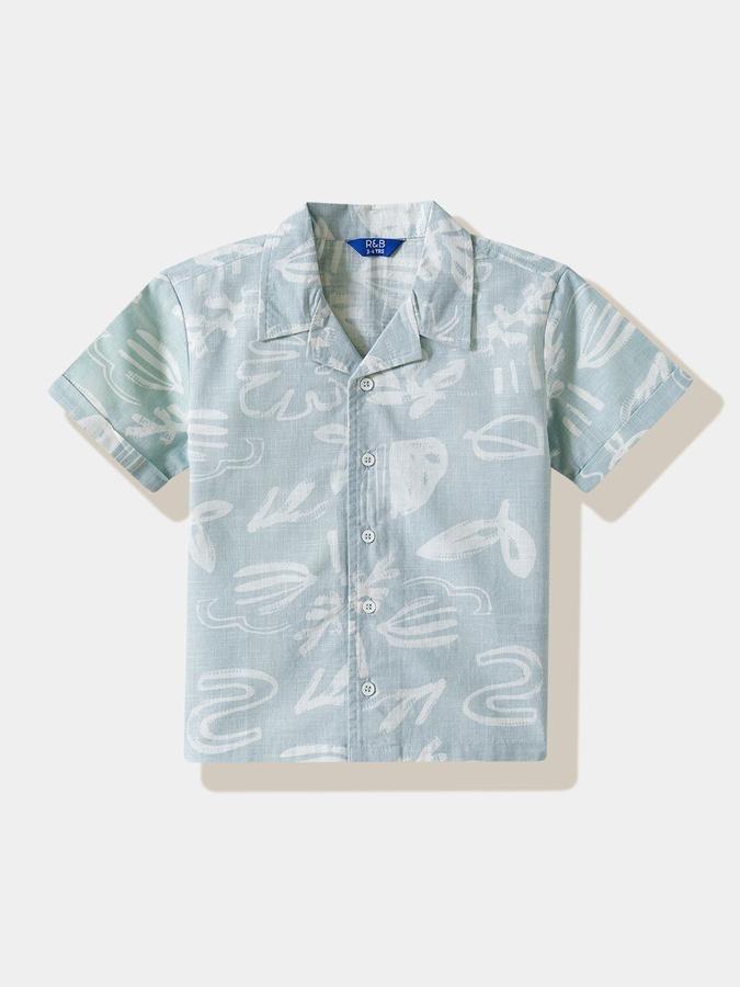 R&B Boys Blue Printed Half Sleeves Cuban Collar Shirt