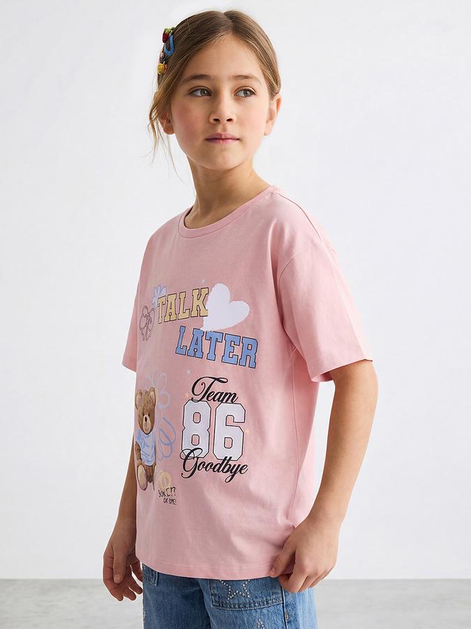 R&B Girls Pink Regular Fit Teddy Bear Printed  Short Sleeve T-shirt
