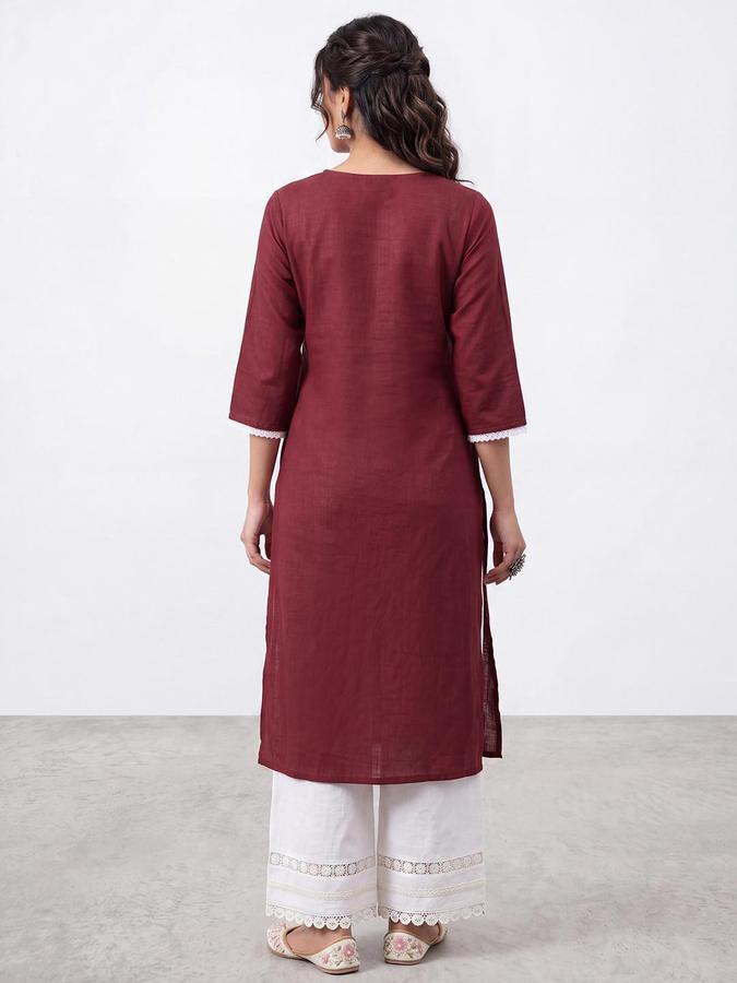 R&B Women Maroon Geometric Embriodery Round Neck Three-Quarter Sleeves Straight Kurta