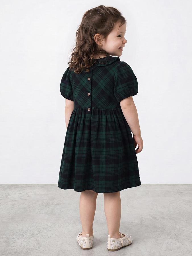 R&B Girls Green Checked Frilled Collar Dress