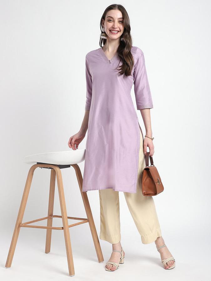 R&B Women Purple Solid V-Neck Knee Length Ethnic Kurta