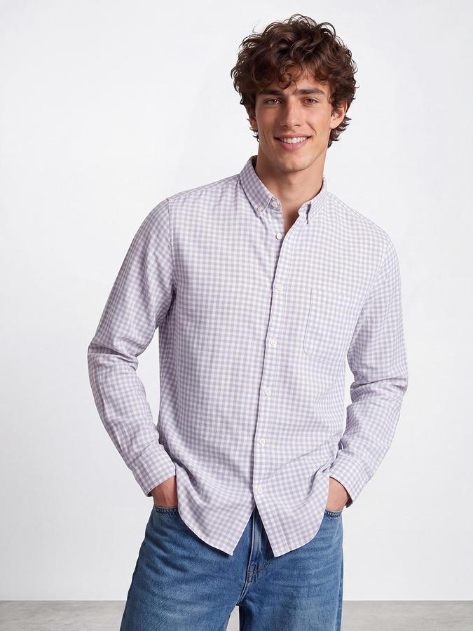 R&B Men Purple Button Down Long Sleeves Checked Shirt