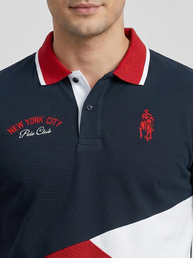 R&B Navy Blue Colourblocked Men Polo Collar Regular Fit Short Sleeves T-Shirt 
