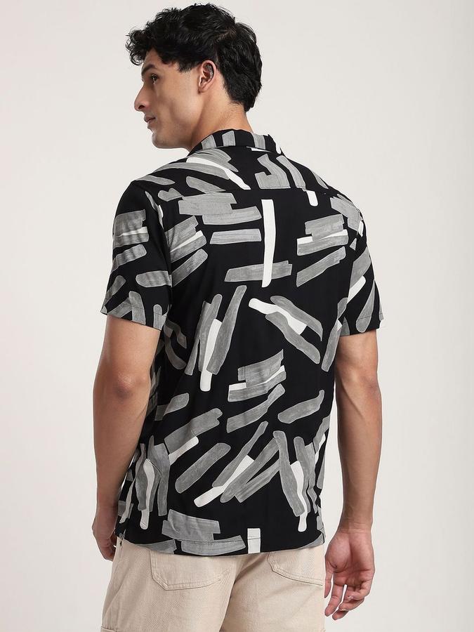 R&B Men Black Graphic Print Half Sleeves Cuban Collar Relaxed Fit Shirt
