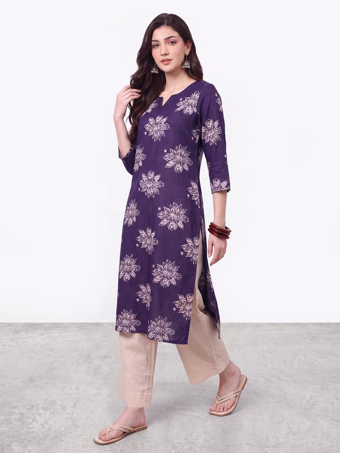 R&B Womens Purple Three-Quarter Sleeves Round Neck Floral Printed Straight Kurta