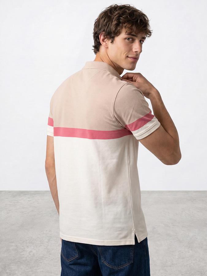 R&B Men Ivory Striped Short Sleeves Polo Collar Pure Cotton T-Shirt