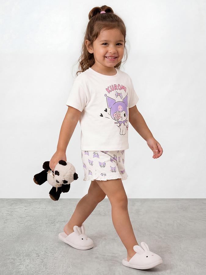 R&B Girls White Kuromi Print Short Sleeves Pure Cotton T-shirt &amp; Shorts Set