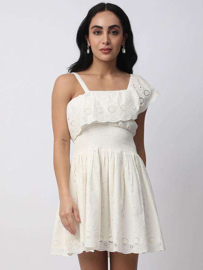 R&B Women Off White Self Design Sleeveless One Shoulder Mini Fit &amp; Flare Dress