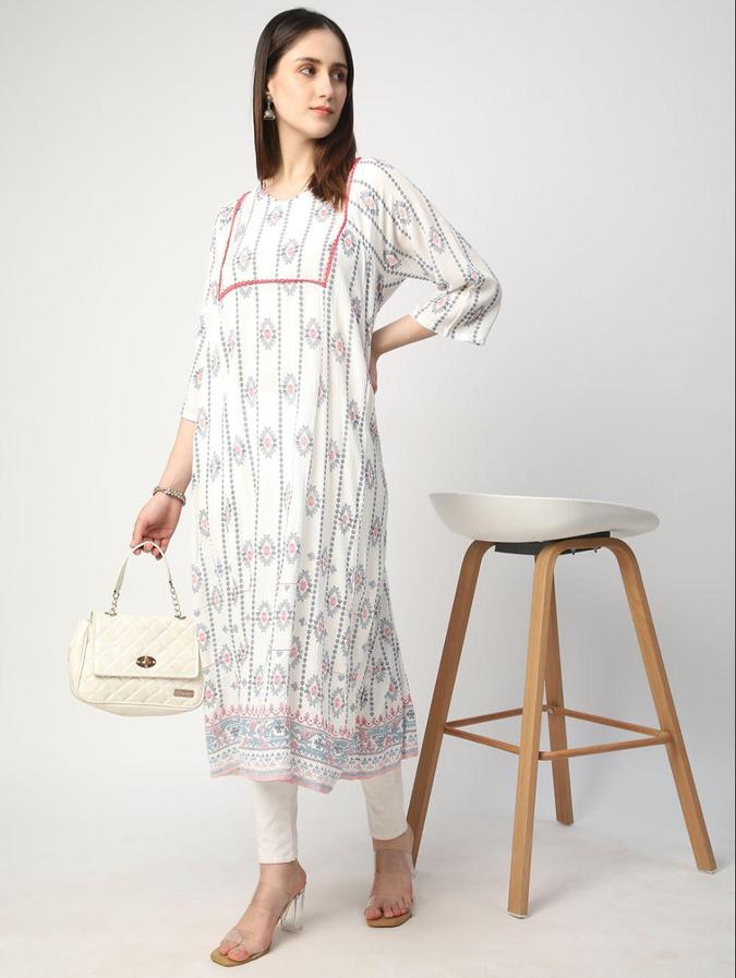 R&B White Geometric Printed Women Three-Quarter Sleeves Kurta