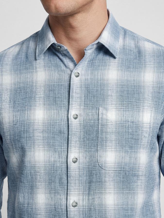 R&B Light Blue Checked Men Spread Collar Long Sleeves Shirt