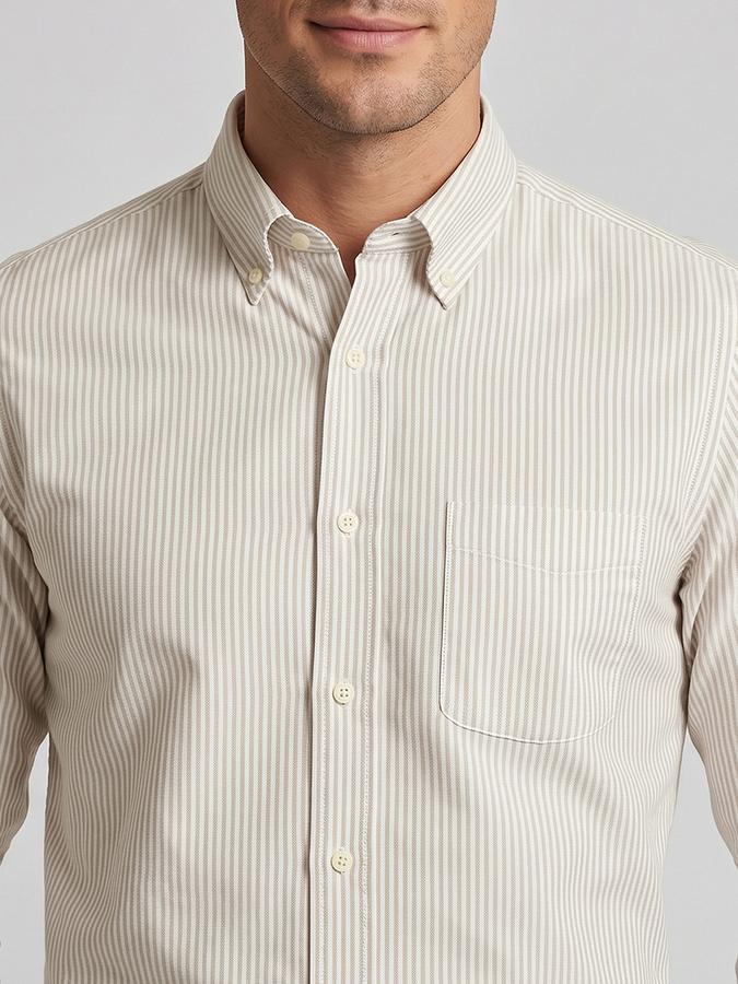 R&B Brown Striped Men Button-Down Collar Long Sleeves Shirt