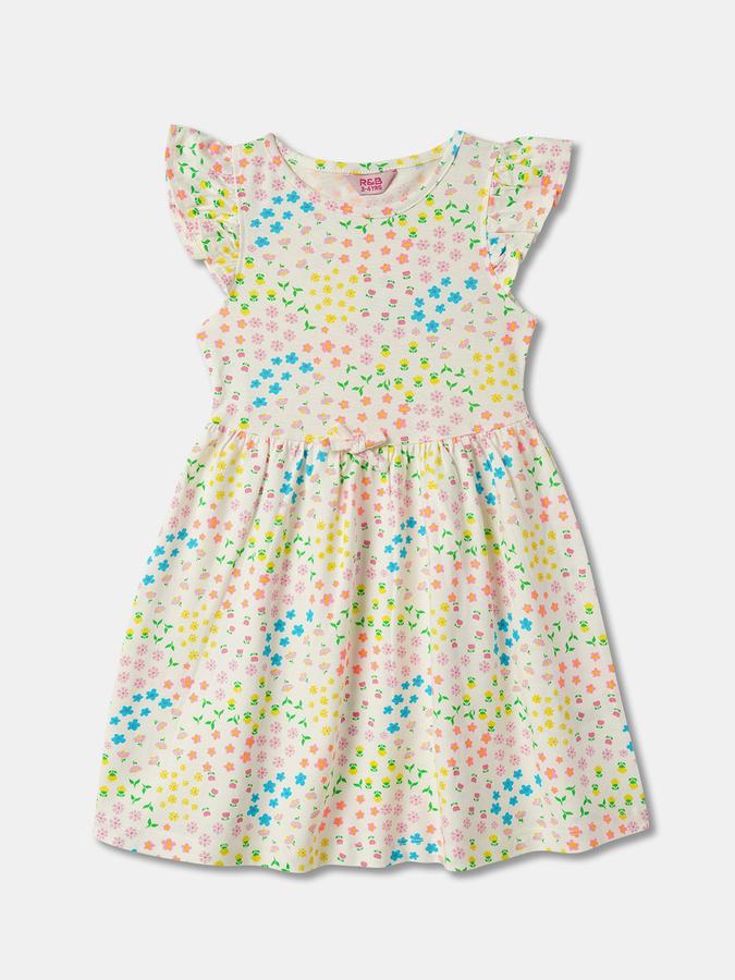 Girls Floral Print Flutter Sleeve Round Neck Knee Length Dress