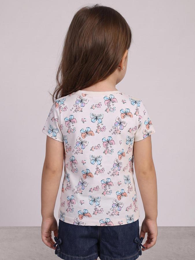 R&B Girls Beige Butterfly Print Short Sleeves Round Neck Pure Cotton T-Shirt