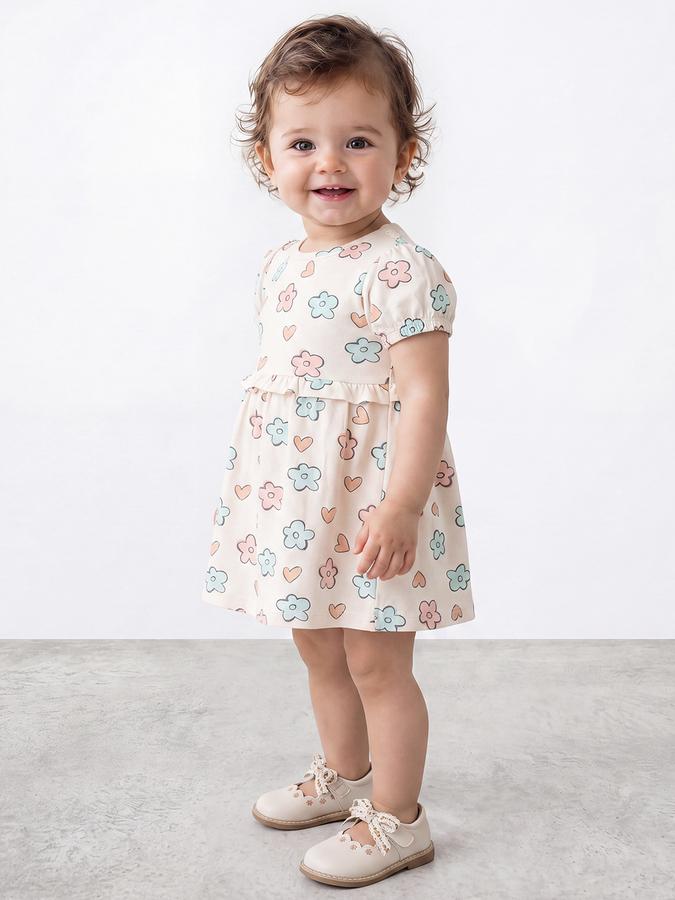 R&B Girl Beige Round Neck Printed Dress