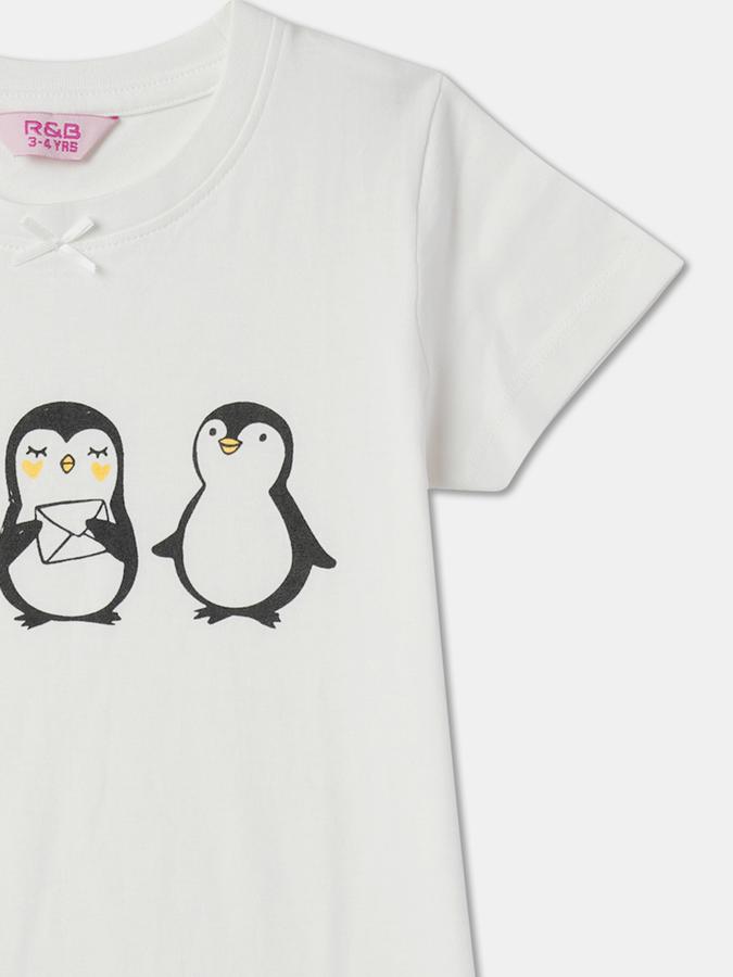 Girls Cotton Graphic Print Round Neck Short Sleeves Bow Detail Sleepwear Set