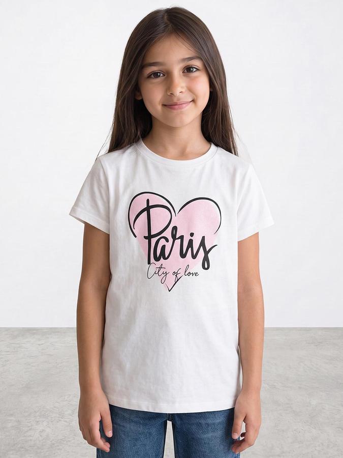 R&B Girls White Graphic Print Short Sleeves Round Neck Pure Cotton T-Shirt