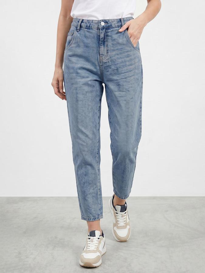 R&B Women's Blue Tapered Fit Pure Cotton Cropped Jeans