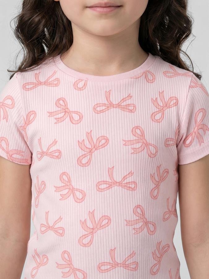 R&B Pink Graphic Print Girls Round Neck Regular Fit Short Sleeves T-Shirt 