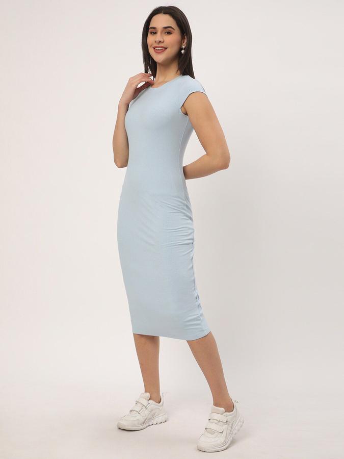R&B Women Blue Solid Short Sleeve Round Neck Above Knee Bodycon Dress